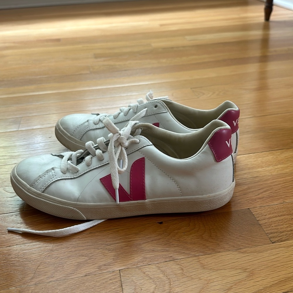 Veja Low-Top Sneakers in White with Pink V
